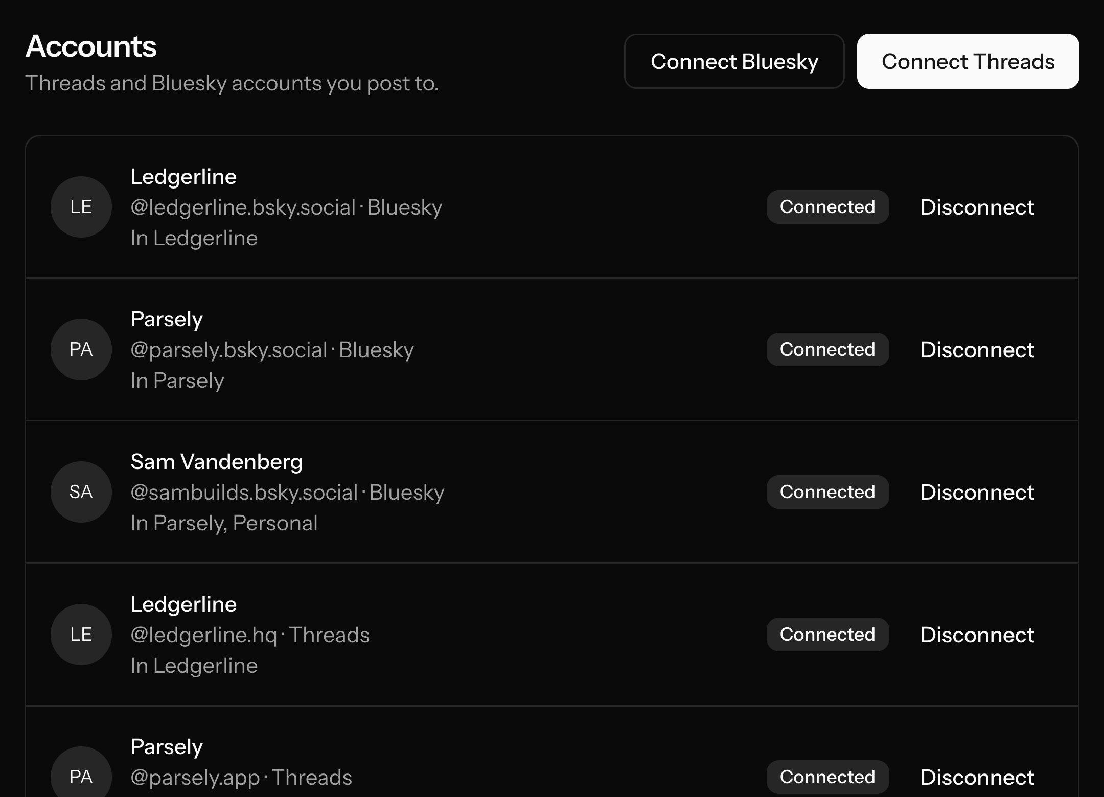 The connected accounts page, with Threads and Bluesky accounts
