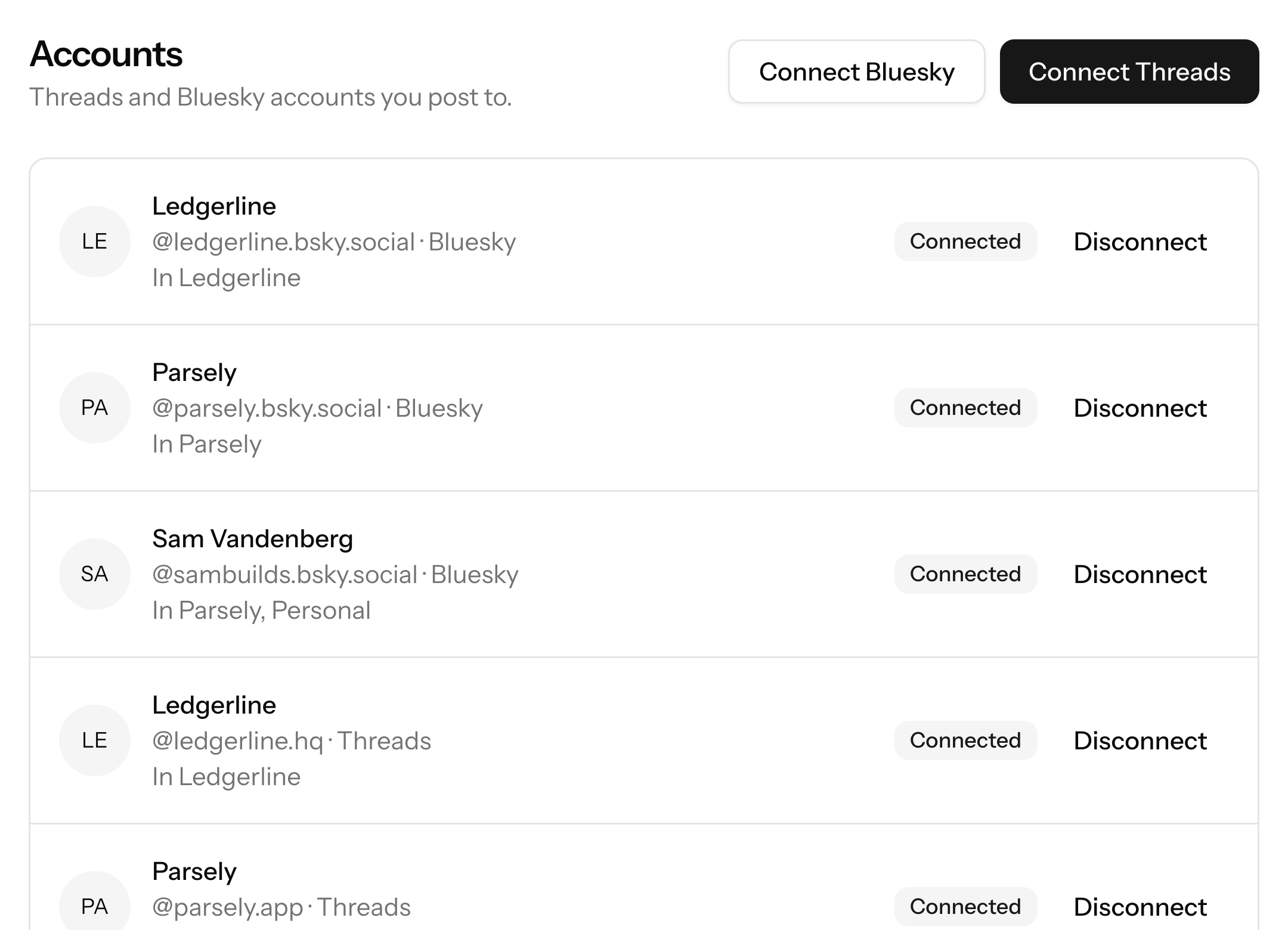 The connected accounts page, with Threads and Bluesky accounts