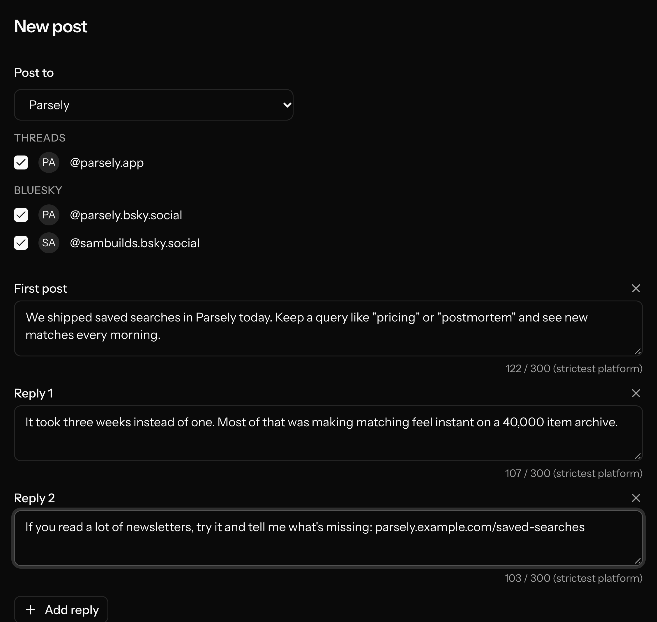 Writing a thread for a project: a first post and replies, with the accounts it will go to