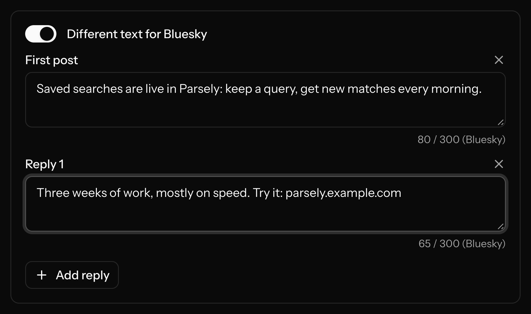 Different text for Threads and Bluesky, with character counts