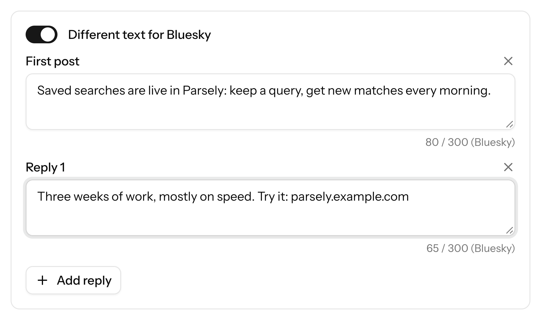 Different text for Threads and Bluesky, with character counts