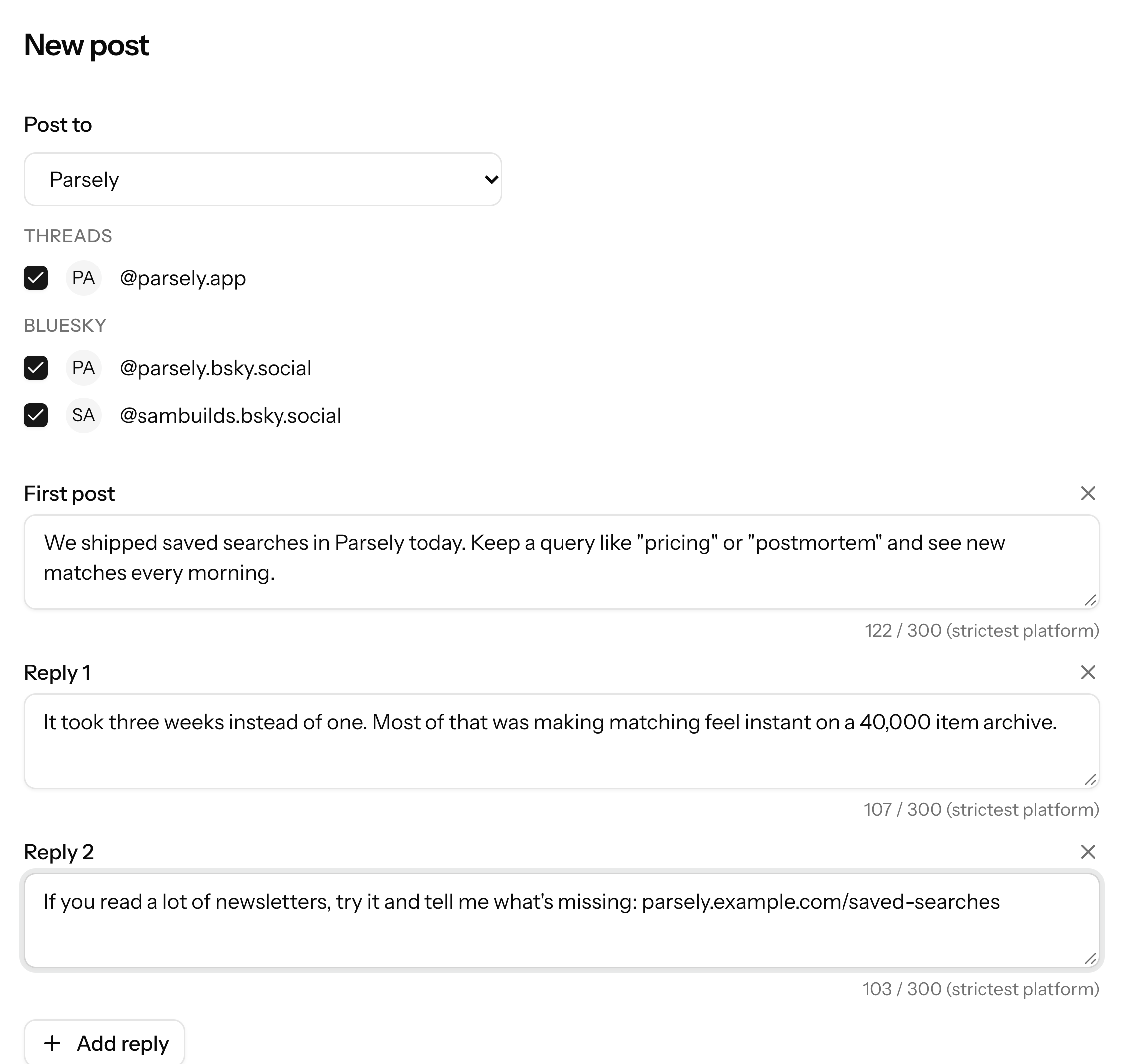 Writing a thread for a project: a first post and replies, with the accounts it will go to