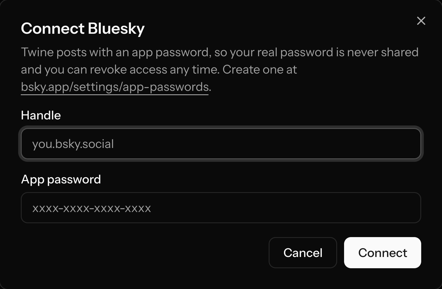 Connecting a Bluesky account with a handle and an app password