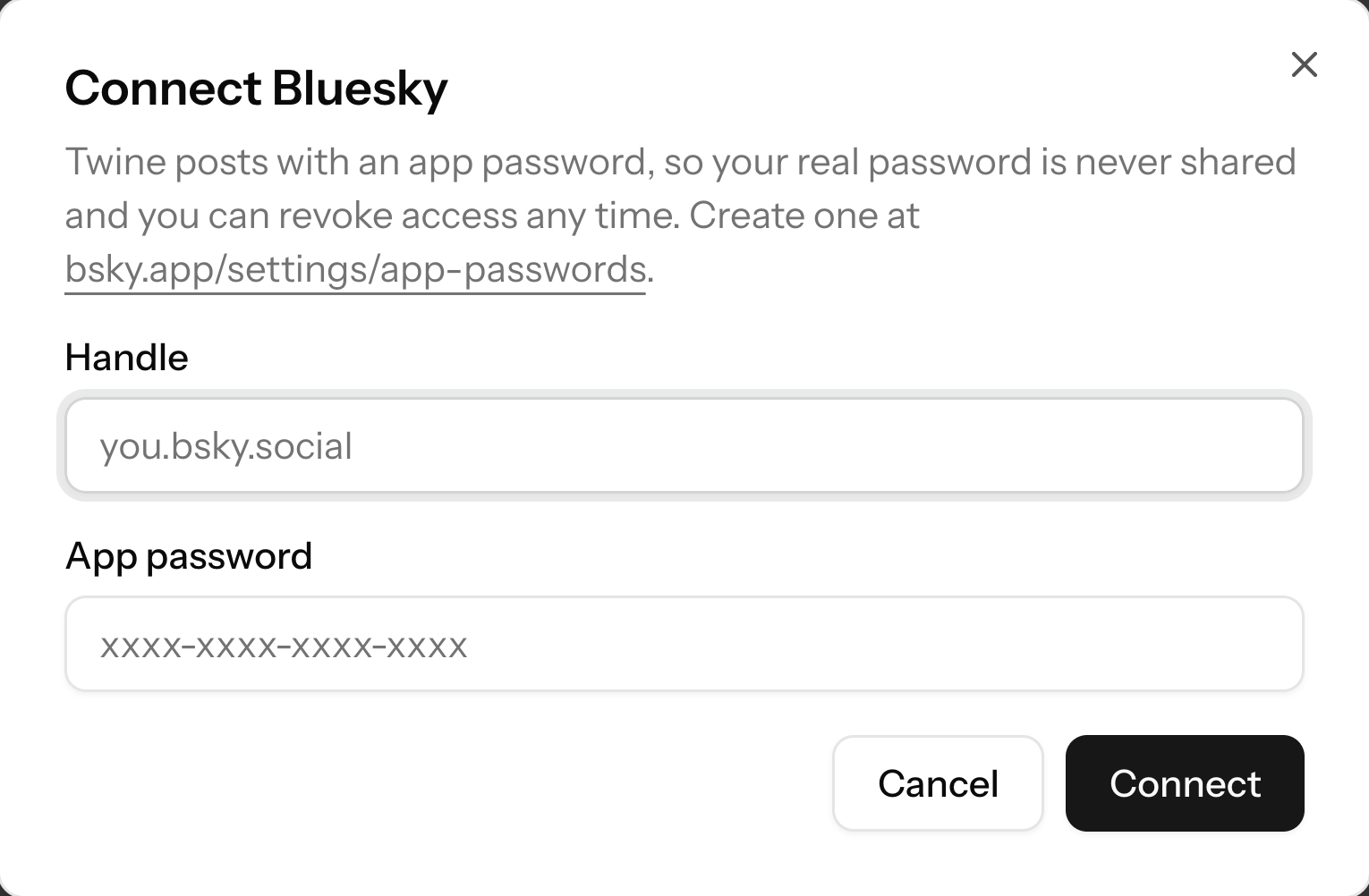 Connecting a Bluesky account with a handle and an app password
