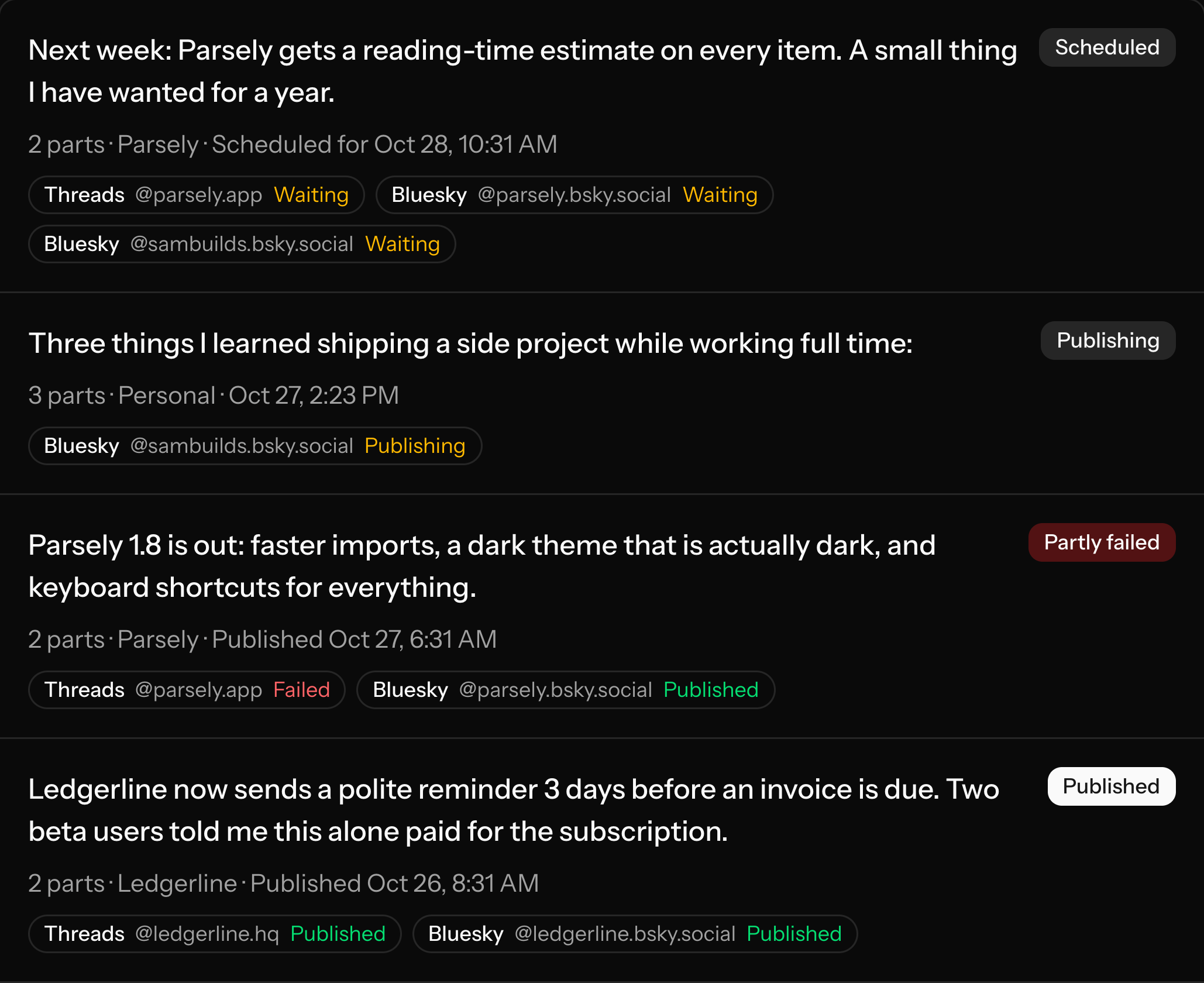 The list of posts, scheduled and sent