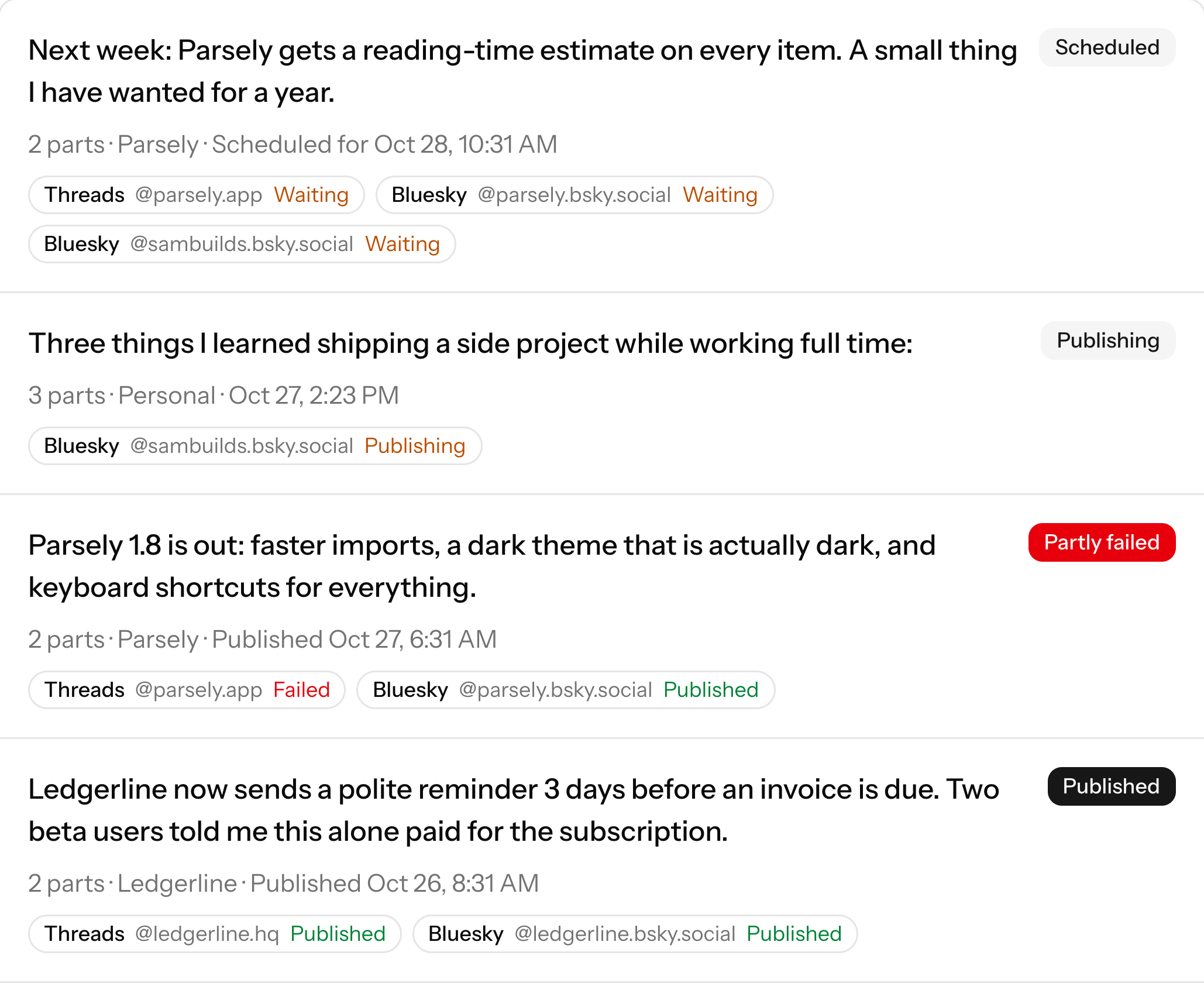 The list of posts, scheduled and sent