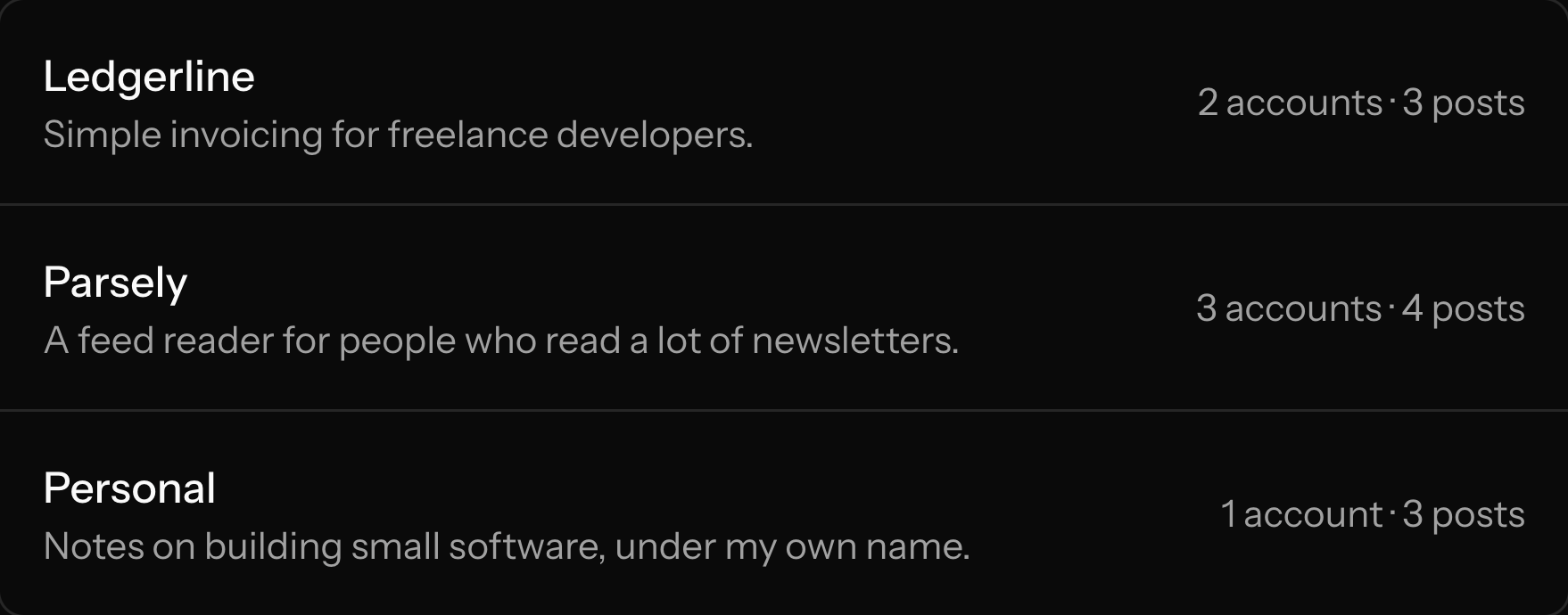 The projects page, each project with its accounts