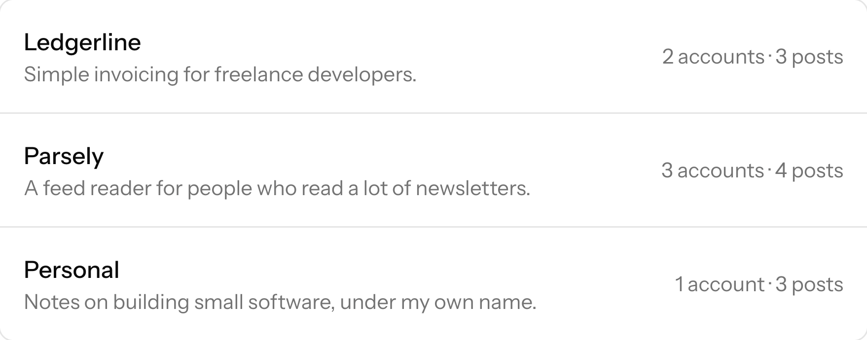 The projects page, each project with its accounts